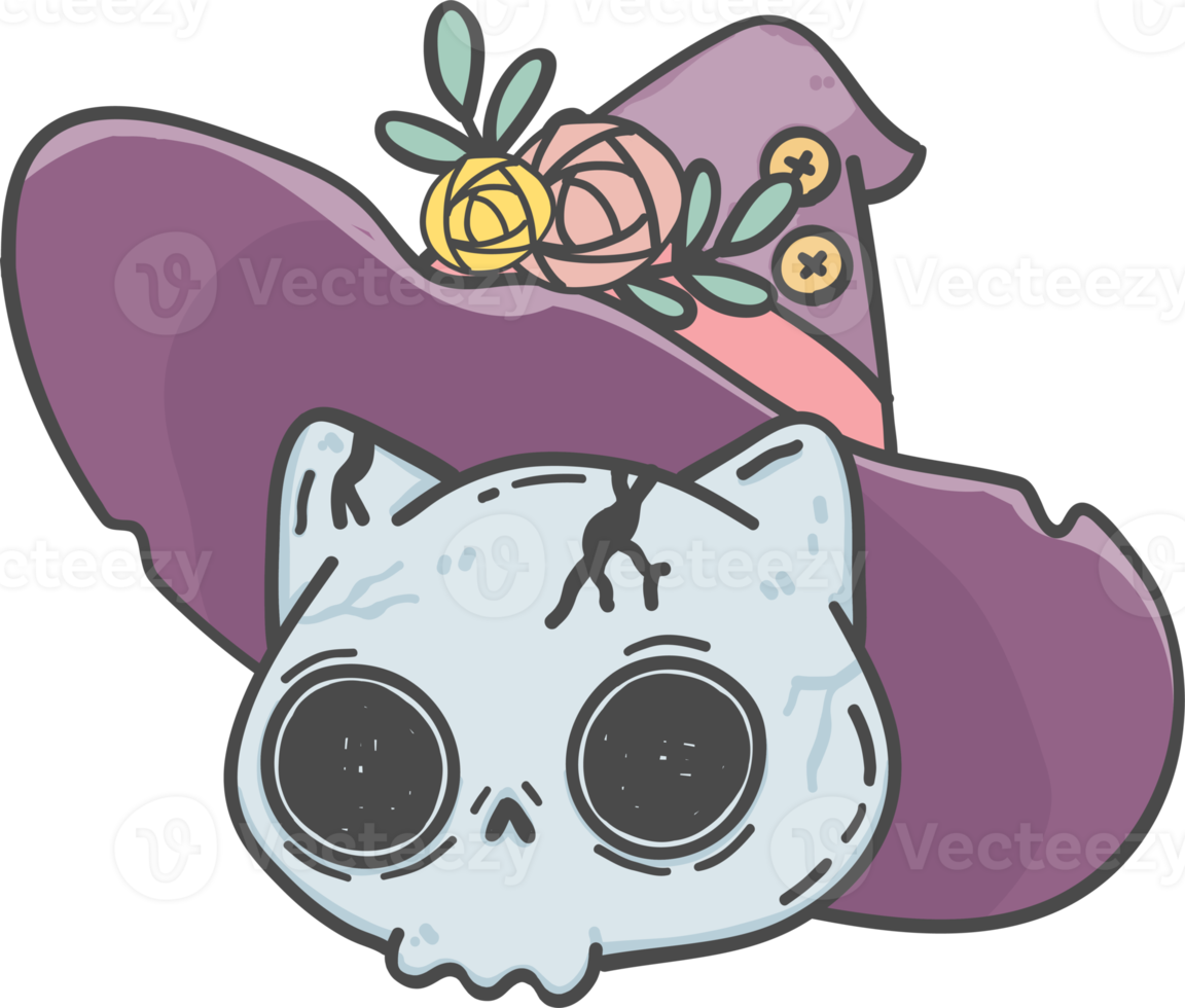 cute Halloween kitten cat skull cartoon animal doodle outline png