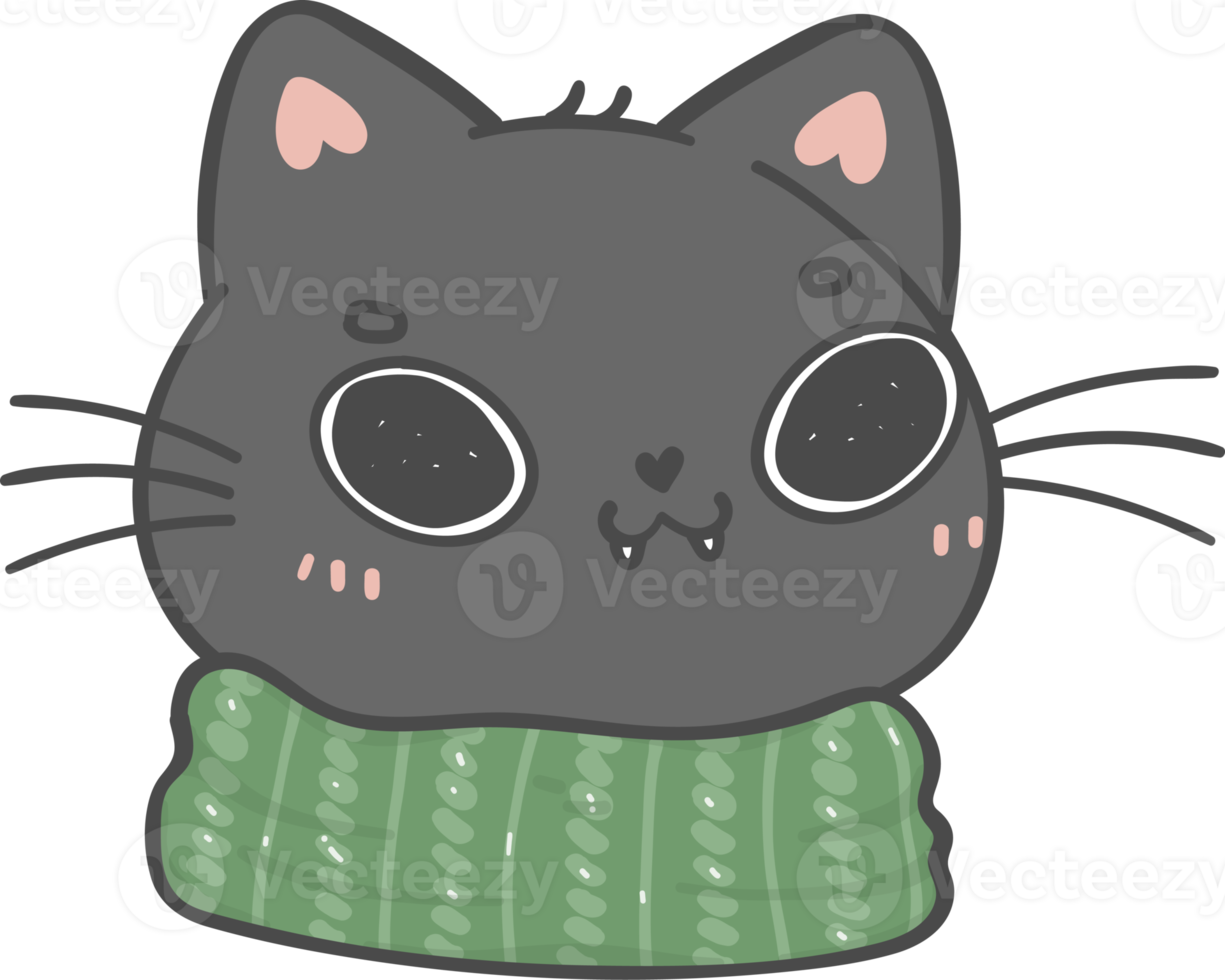 cute funny Christmas kitten cat wear winter knitted scarf cartoon doodle animal hand drawing png