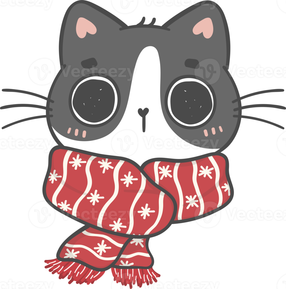 cute funny Christmas kitten cat wear winter knitted scarf cartoon doodle animal hand drawing png