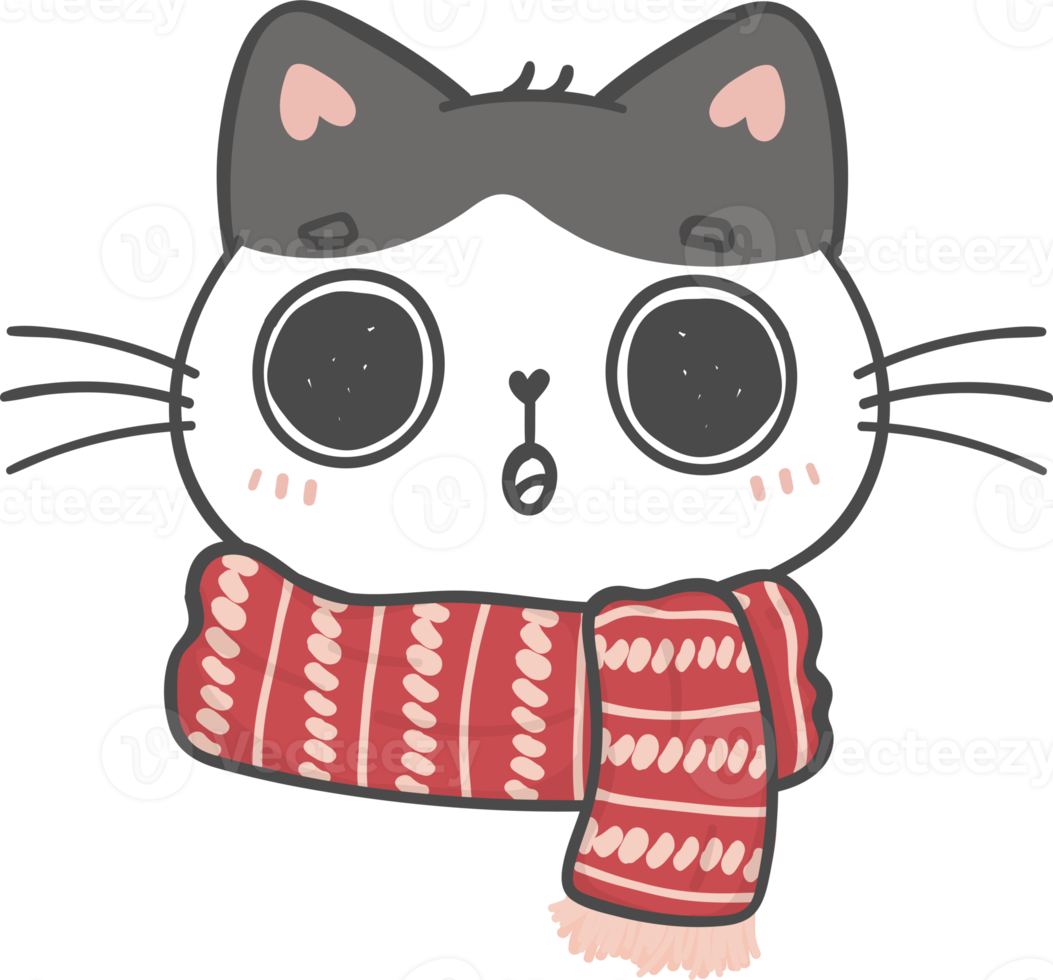 cute funny Christmas kitten cat wear winter knitted scarf cartoon doodle animal hand drawing png