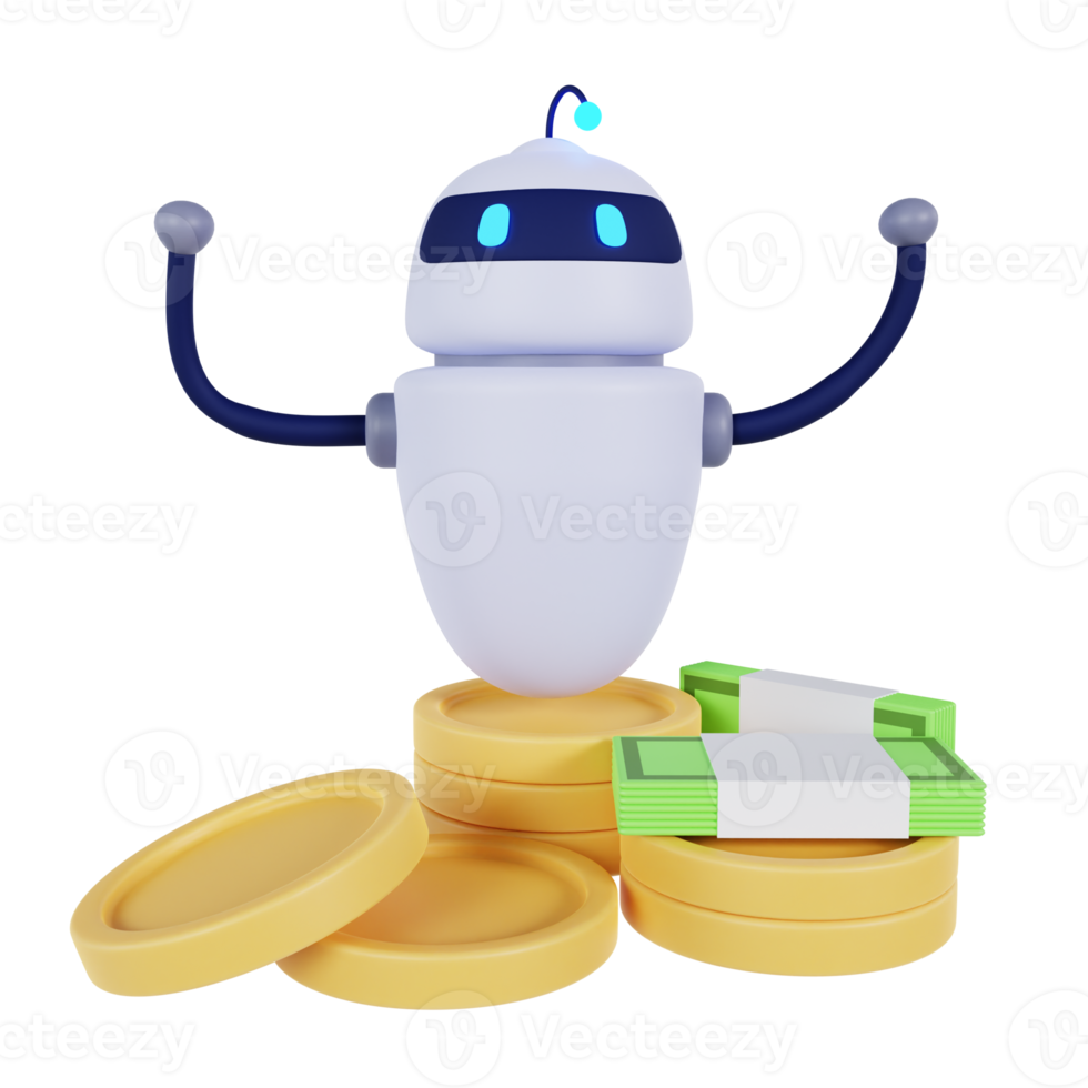 3D Bot Characters Standing Near Gold Coins Stack and Banknotes Bundle png