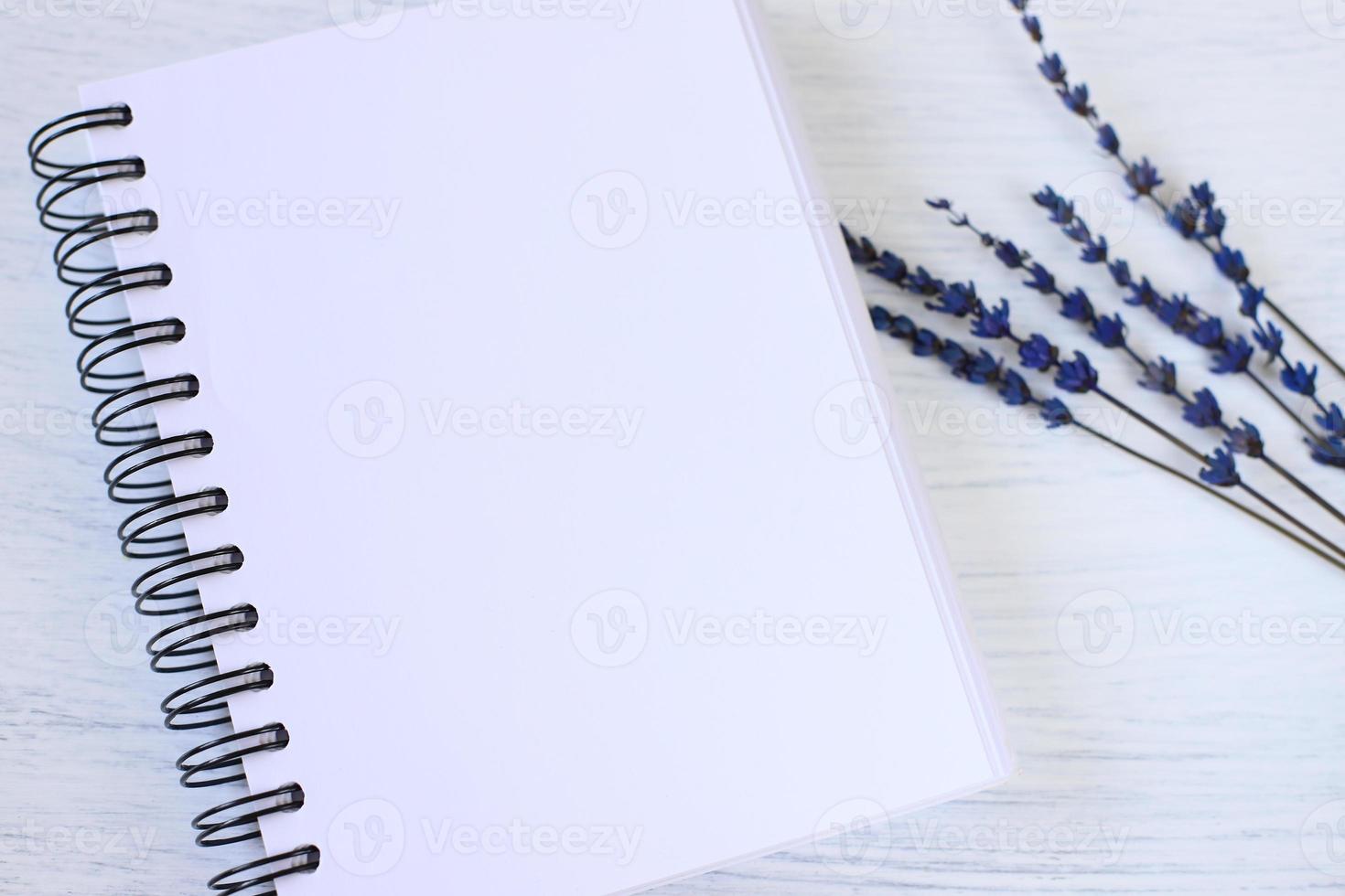 Blank notebook mockup and lavender flowers photo