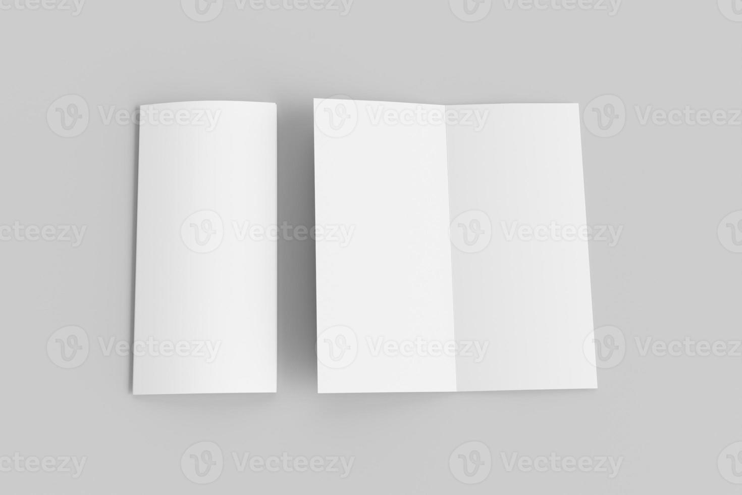 Blank bi-fold dl vertical brochure mockup isolated on soft gray background. 3D render illustration photo