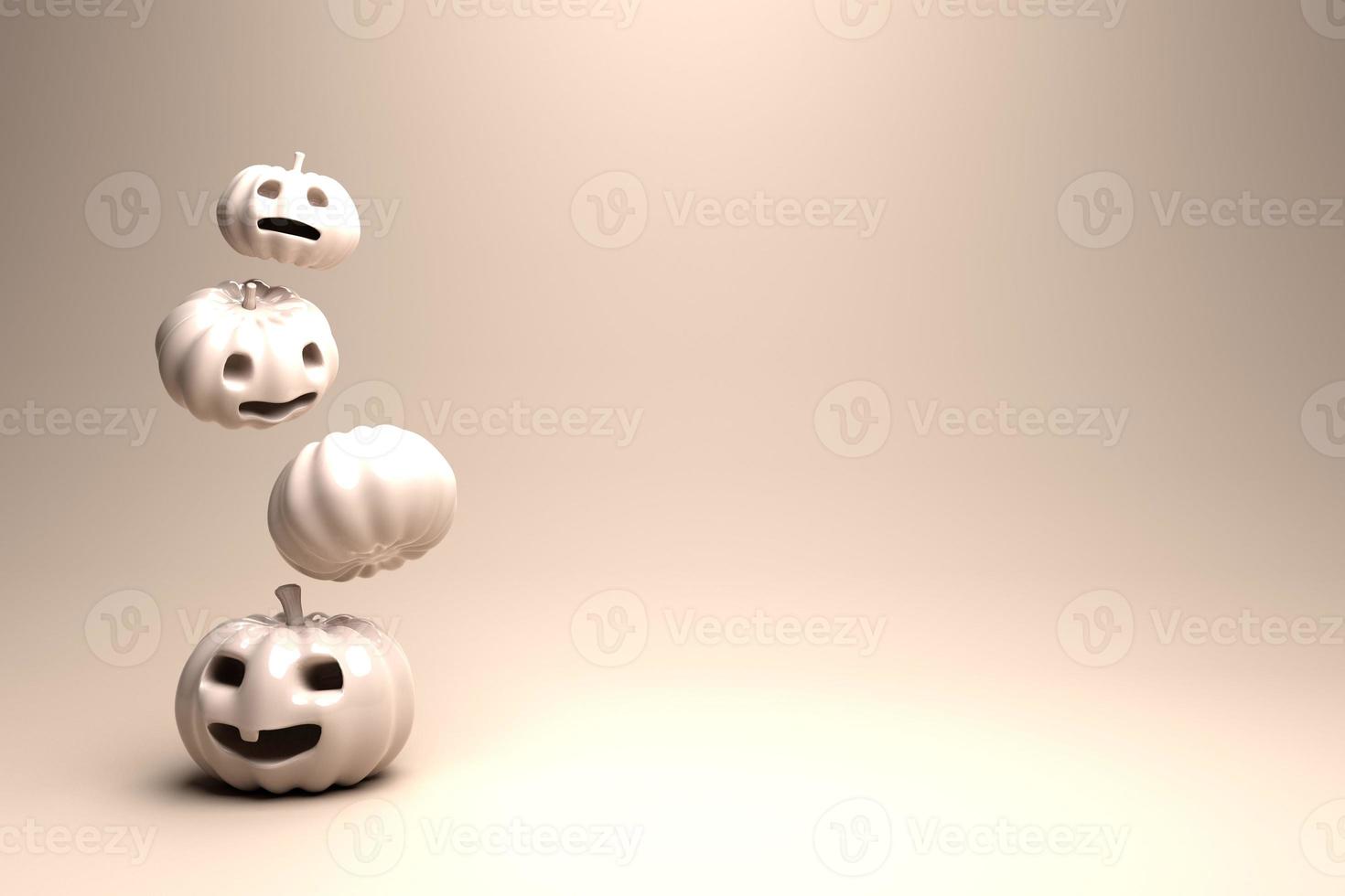 Ilustración 3d: calabazas blancas de cerámica realistas con caras lindas. fondo de halloween de acción de gracias con la fila de calabaza. imagen de representación 3D. foto