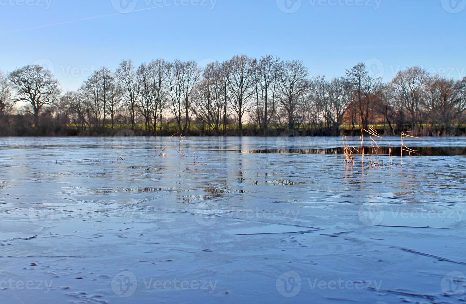Beautiful winter shot at a lake and forest with snow and ice. photo