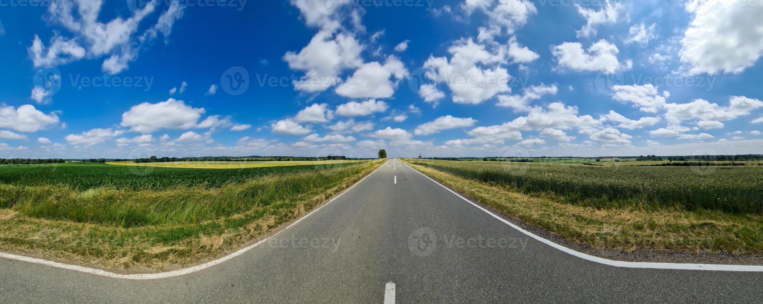 Beautiful high resolution panorama of a northern european country road with fields and green grass. photo