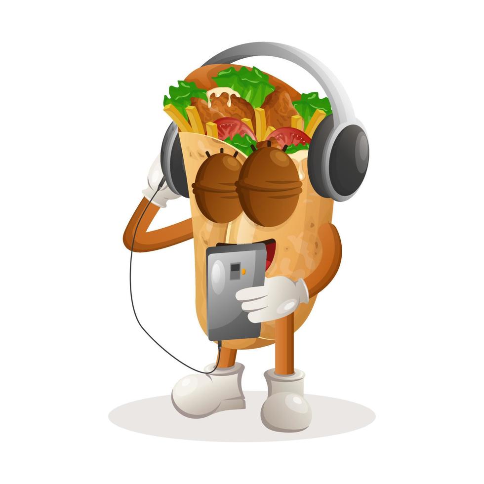 Cute burrito mascot listening music on a smartphone using a headphone vector