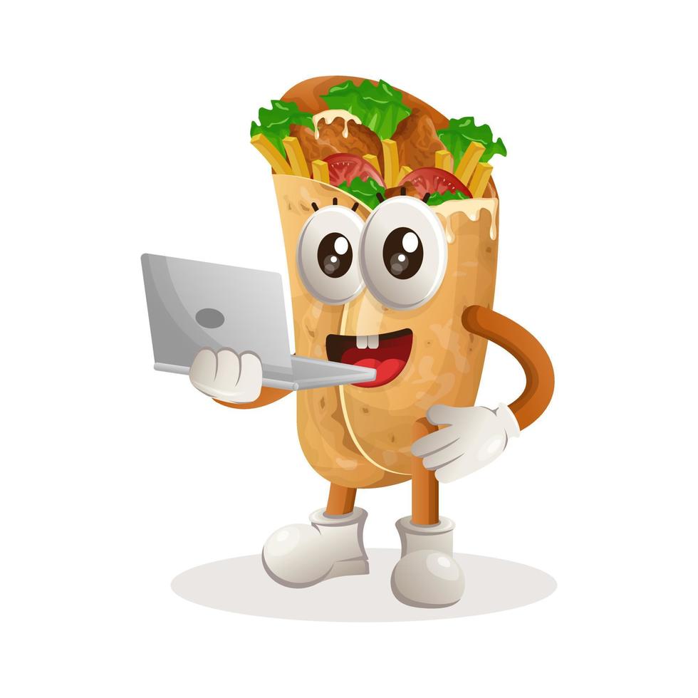 Cute burrito mascot working using a laptop vector