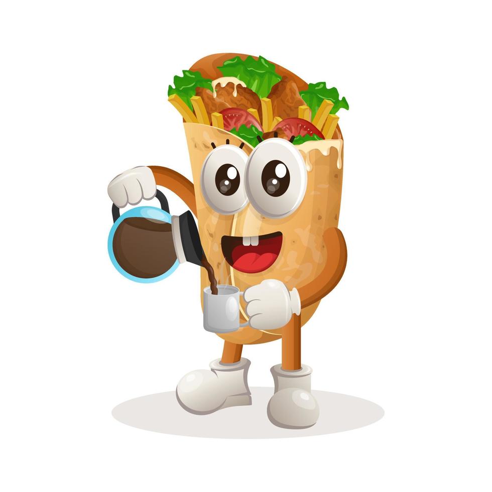 Cute burrito mascot drinking coffee, coffee time vector