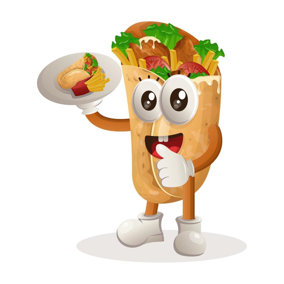 Cute burrito mascot serving food, waiters vector