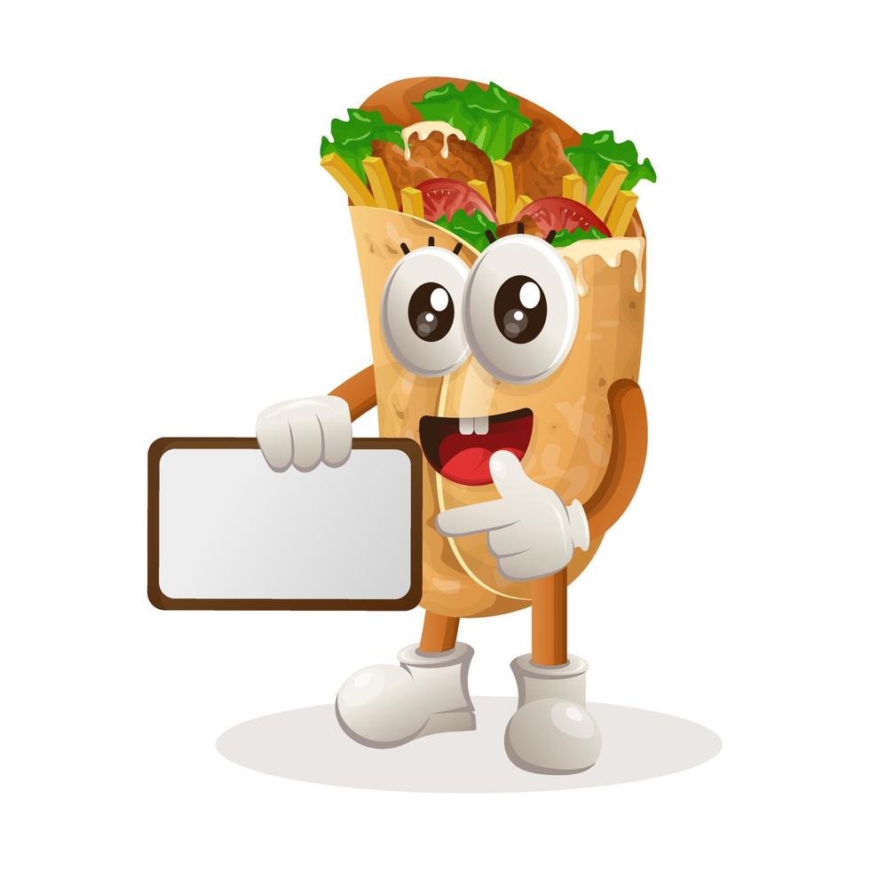 Cute burrito mascot holding billboards for sale, sign board vector