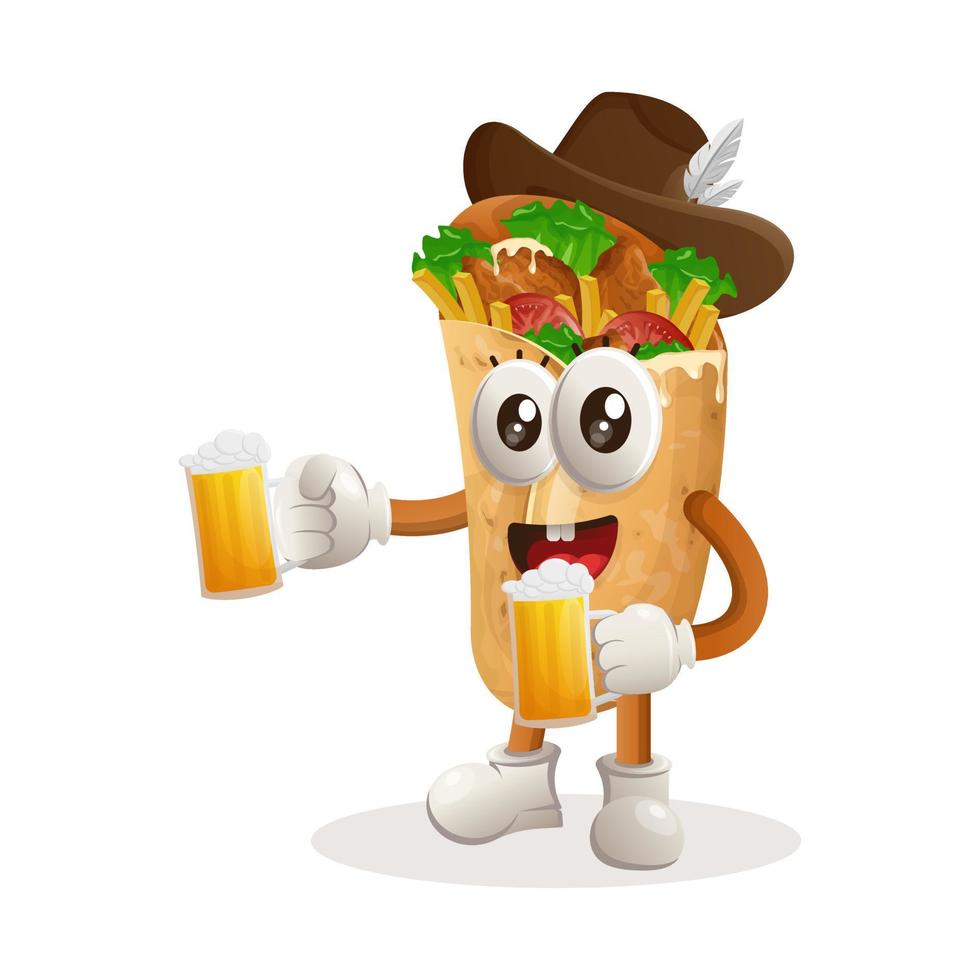 linda mascota de burrito celebra el oktoberfest con cerveza vector