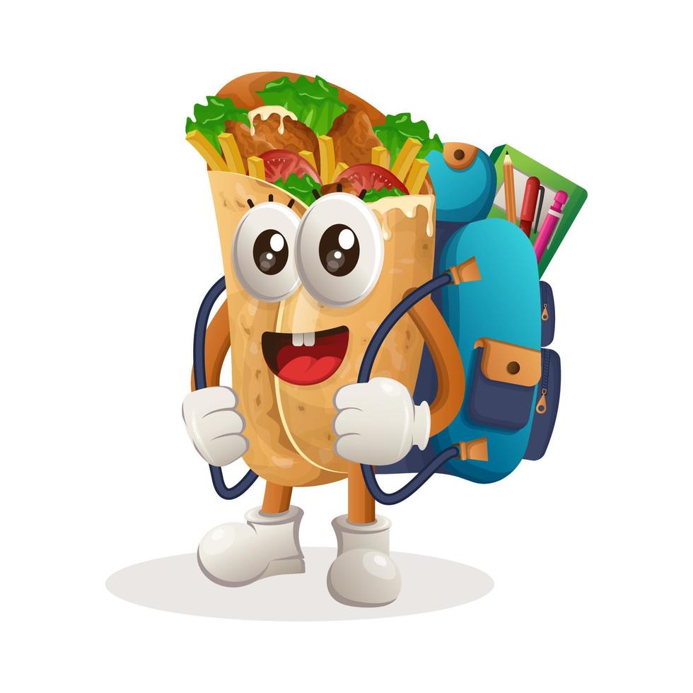 Cute burrito mascot carrying a schoolbag, backpack, back to school vector