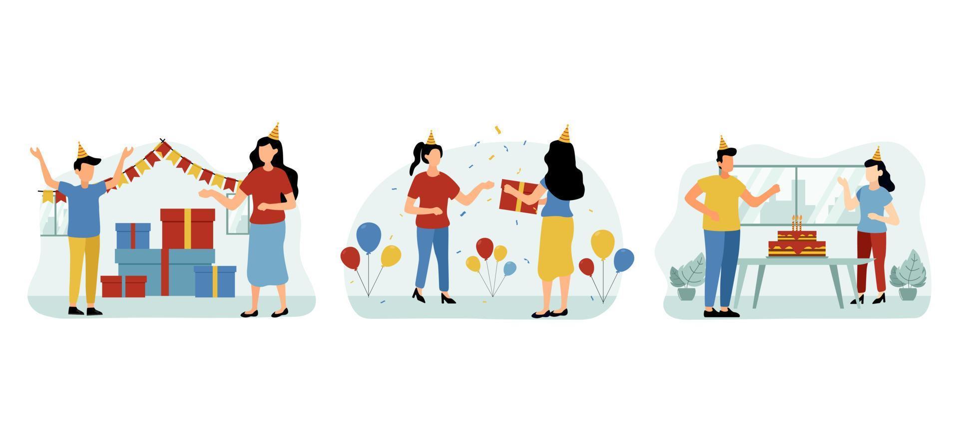 Birthday Party Scene Flat Bundle Design vector
