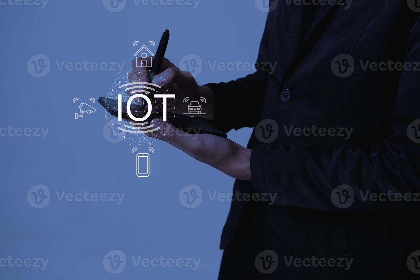 press IoT solutions with symbols connected to common IoT icons. Smart home, cars, cctv, photo