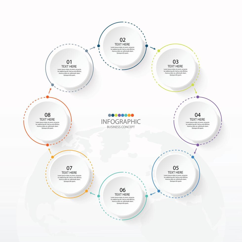 Basic circle infographic template with 8 steps, process or options, process chart, Used for process diagram, presentations, workflow layout, flow chart, infograph. Vector eps10 illustration.