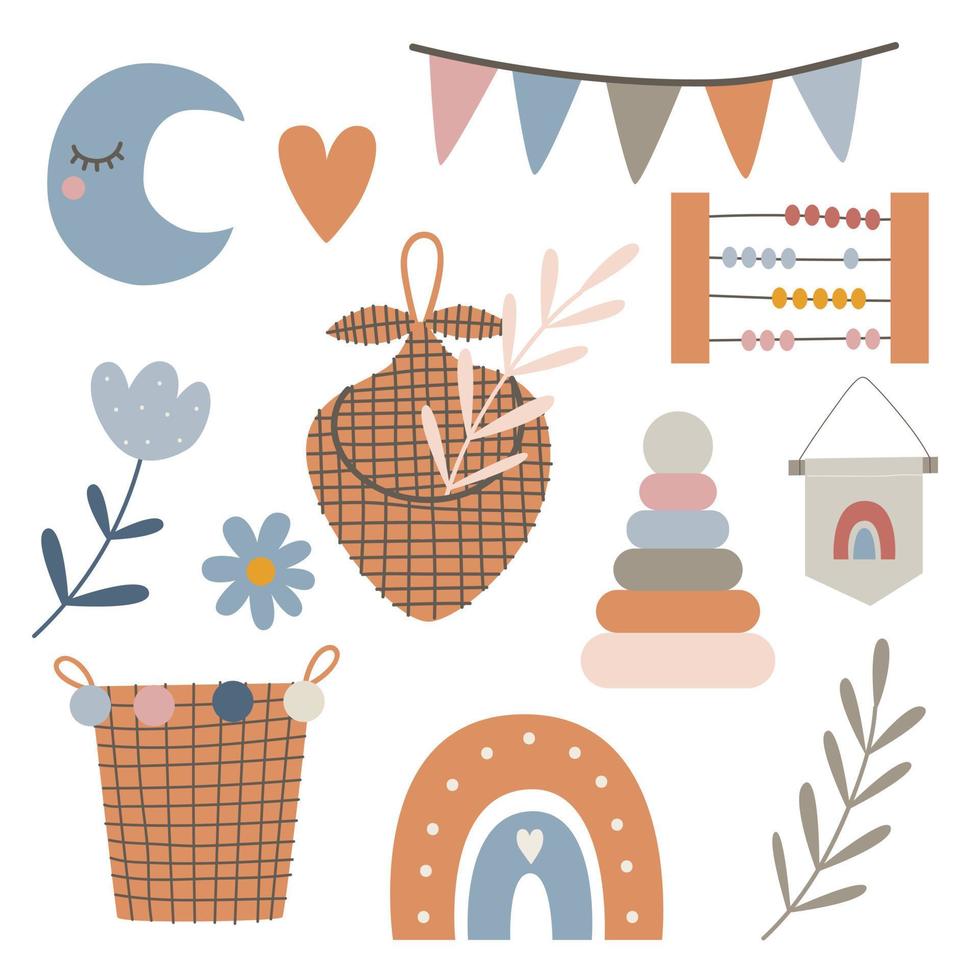 conjunto de linda decoración de bebé boho en estilo escandinavo. para la decoración de cuartos de niños. ilustración vectorial vector