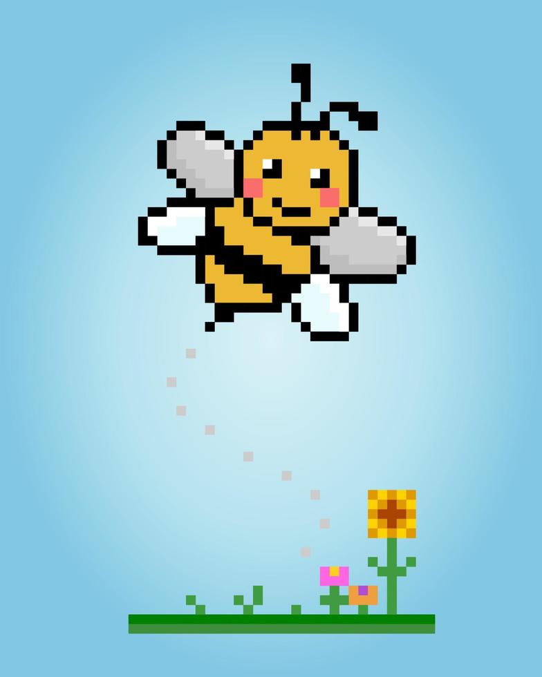 Pixel 8 bit bee with flower. Animal game assets in vector illustration.