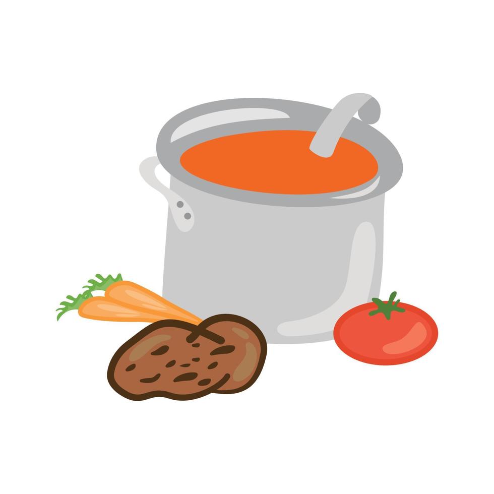 zanahorias, papas y tomates en una deliciosa sopa. ilustración en formato vectorial vector