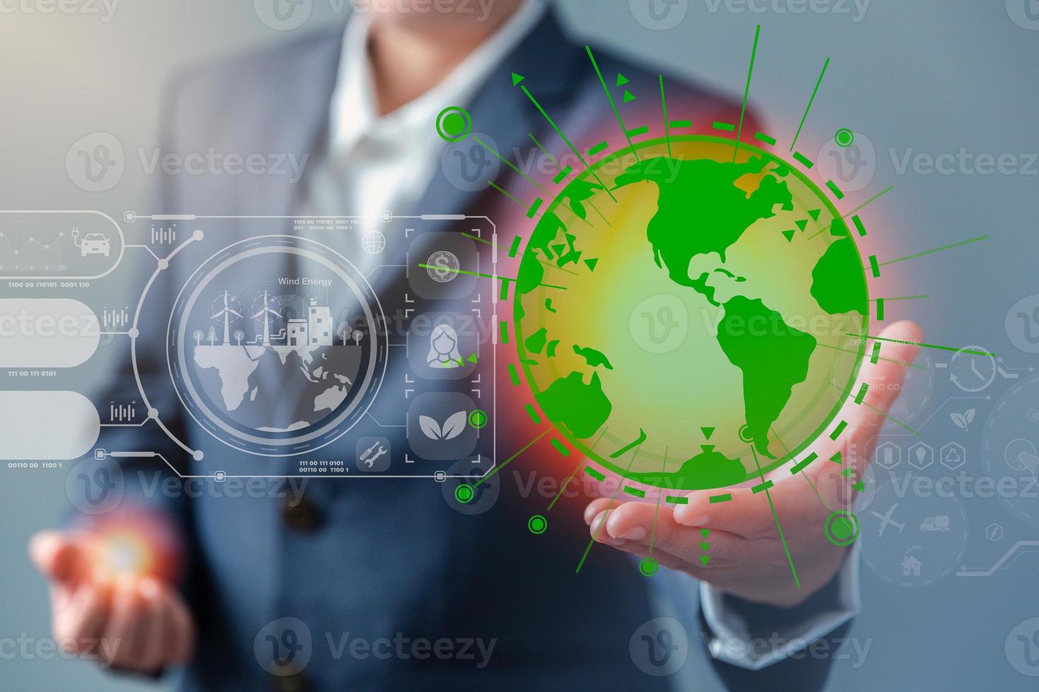 Sustainable development and innovation green business concept. Businesswoman working virtual globe modern computer to reduce CO2 emissions carbon footprint climate change to limit global warming. photo