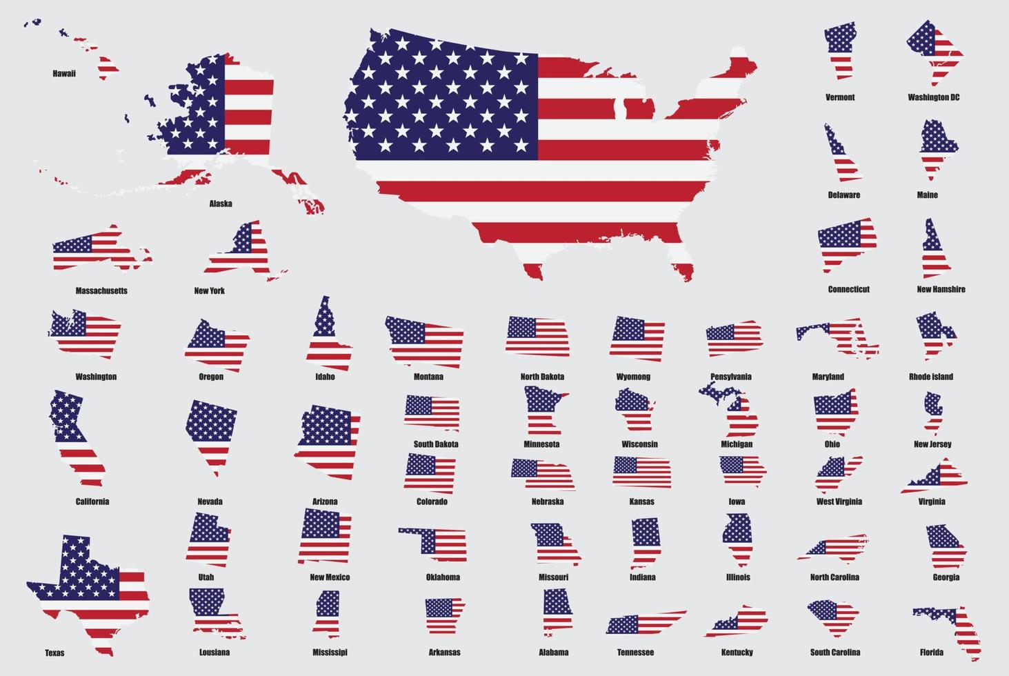 United states of America with each state map on USA flag. vector