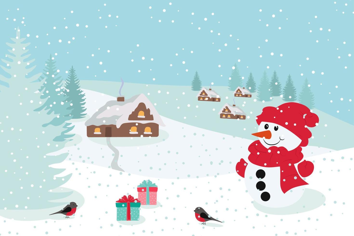 Winter card with houses, snowman, gifts and Christmas trees vector