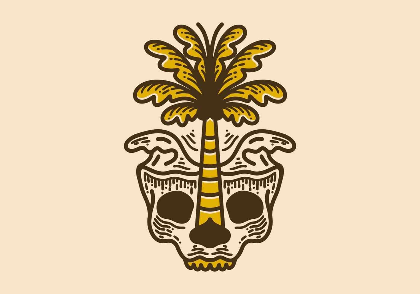 Skull wave and coconut tree vintage retro line art vector