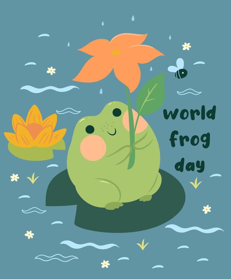 Greeting card with a cute frog and the inscription World frog day. Vector graphics.