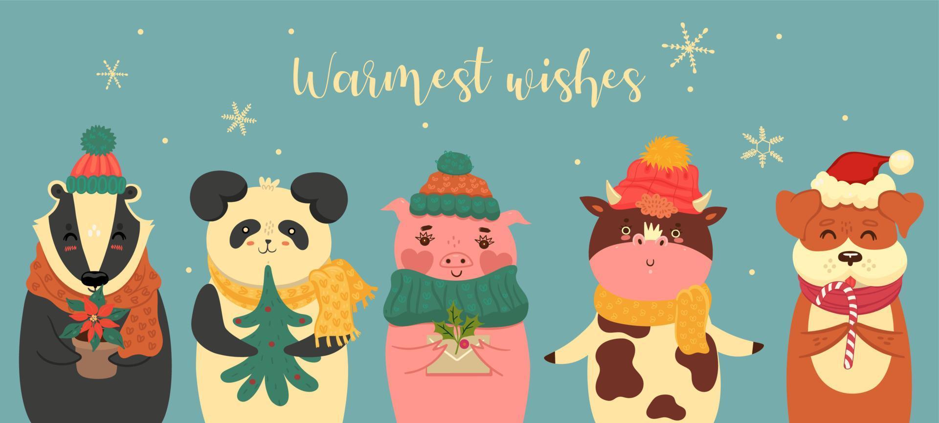 Horizontal banner with cute Christmas animals. Vector graphics.