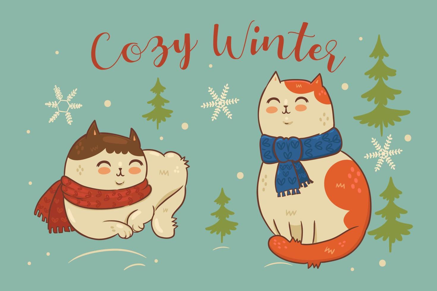 Postcard with cats in scarves and the inscription cozy winter. Vector graphics.