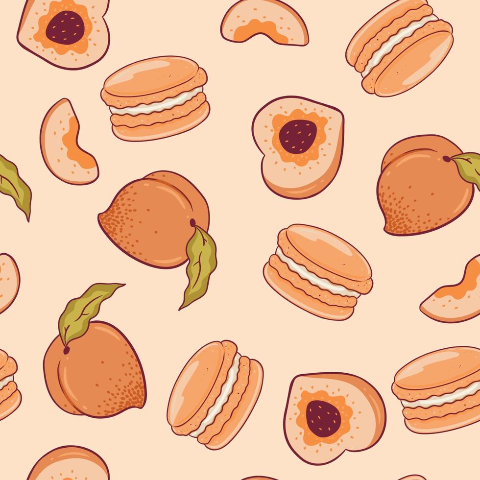 Seamless pattern with peaches and macaroons. Vector graphics.