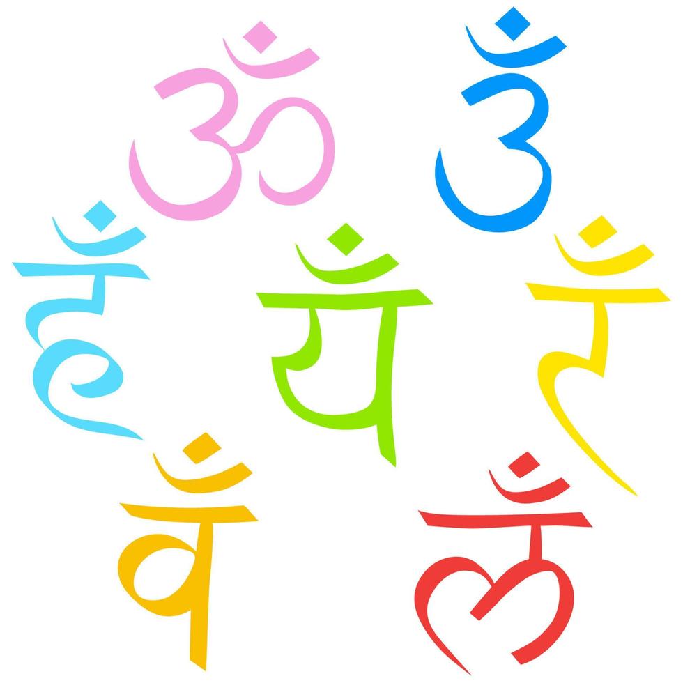 A set of hieroglyphs of the Sahasrar, Ajna, Vishudha, Anahata, Manipura, Svadhistana, Muladhara chakras. Vector symbols isolated on white background.