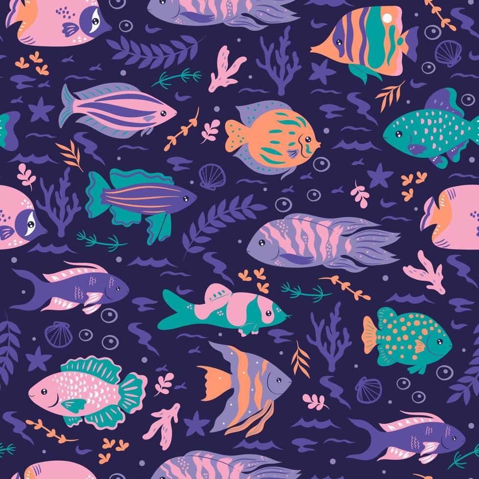 Seamless pattern with oceanic fish on a blue background. Vector graphics.