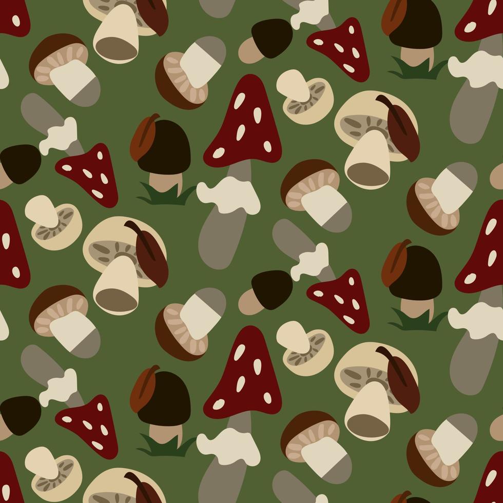 un patrón con champiñones sobre un fondo verde. ilustración infantil. setas divertidas en la dispersión. adecuado para la impresión en papel y textiles. libro, ilustración de cocina. vector