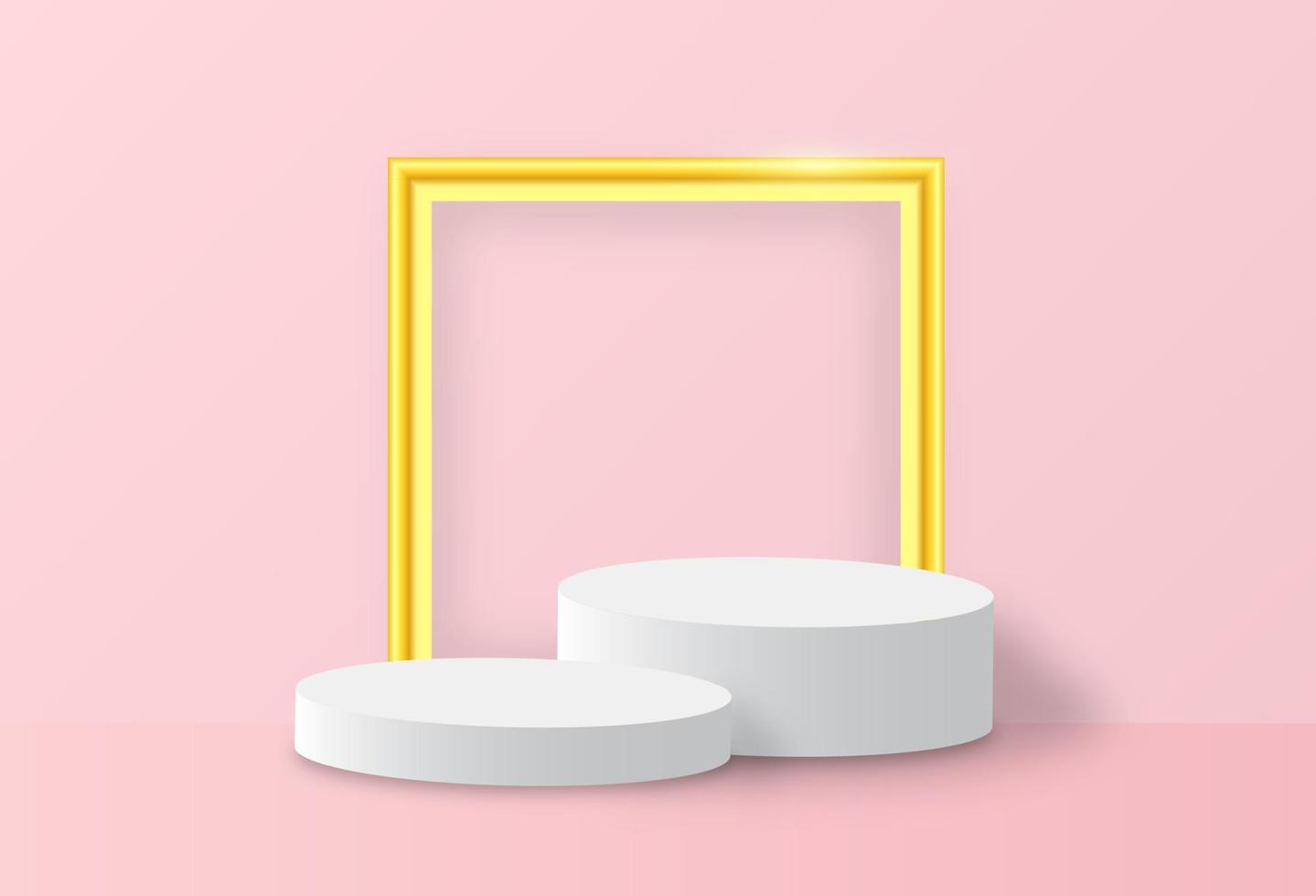 Geometric podium platform with golden frame. Commercial pedestal in pink pastel background. vector