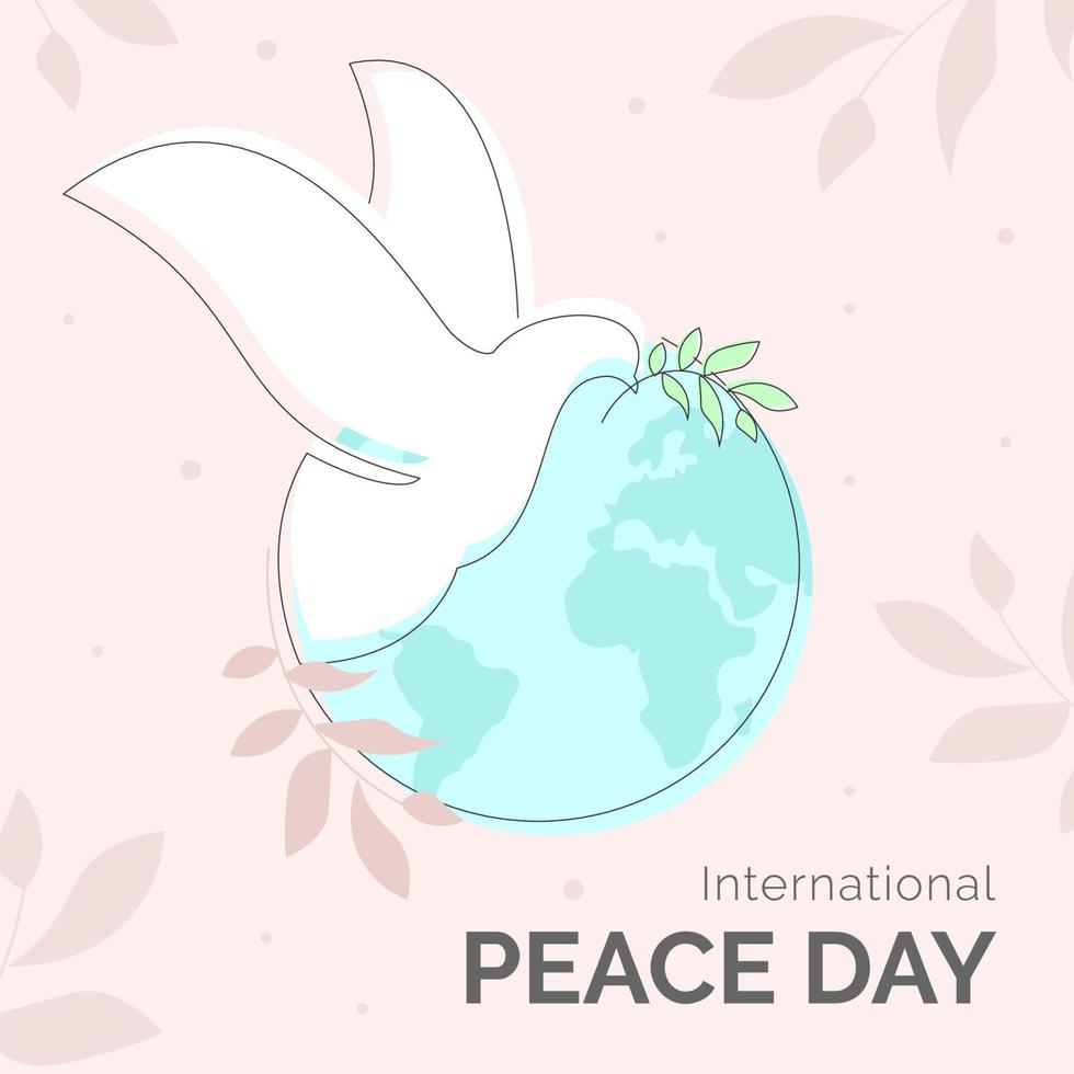 International Peace Day illustration in outline style for culture unity around the world. pigeon  with world and leaf pattern vector
