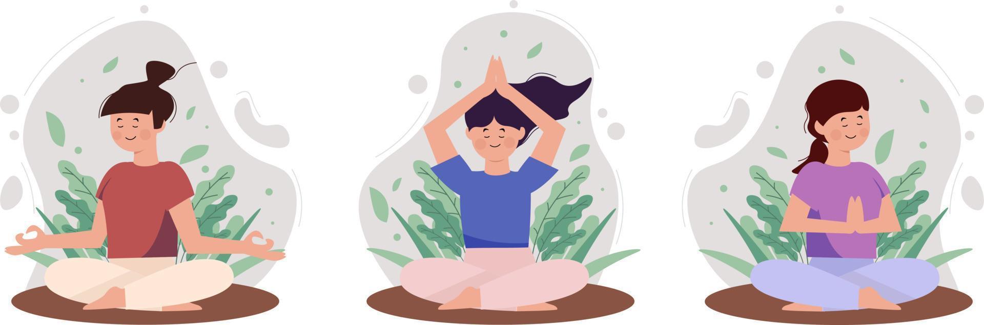 conjunto de mujeres tranquilas con los ojos cerrados y piernas cruzadas meditando en postura de yoga. práctica de meditación aislada sobre fondo blanco. bueno para la ilustración de diseño y el contenido de las redes sociales. vector