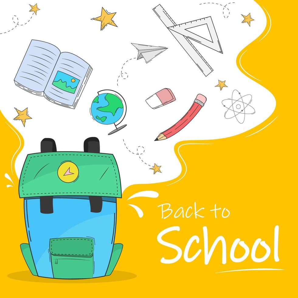 Back to School Concept of education. Back to School background with hand drawn school supplies and comic speech bubble vector illustration style