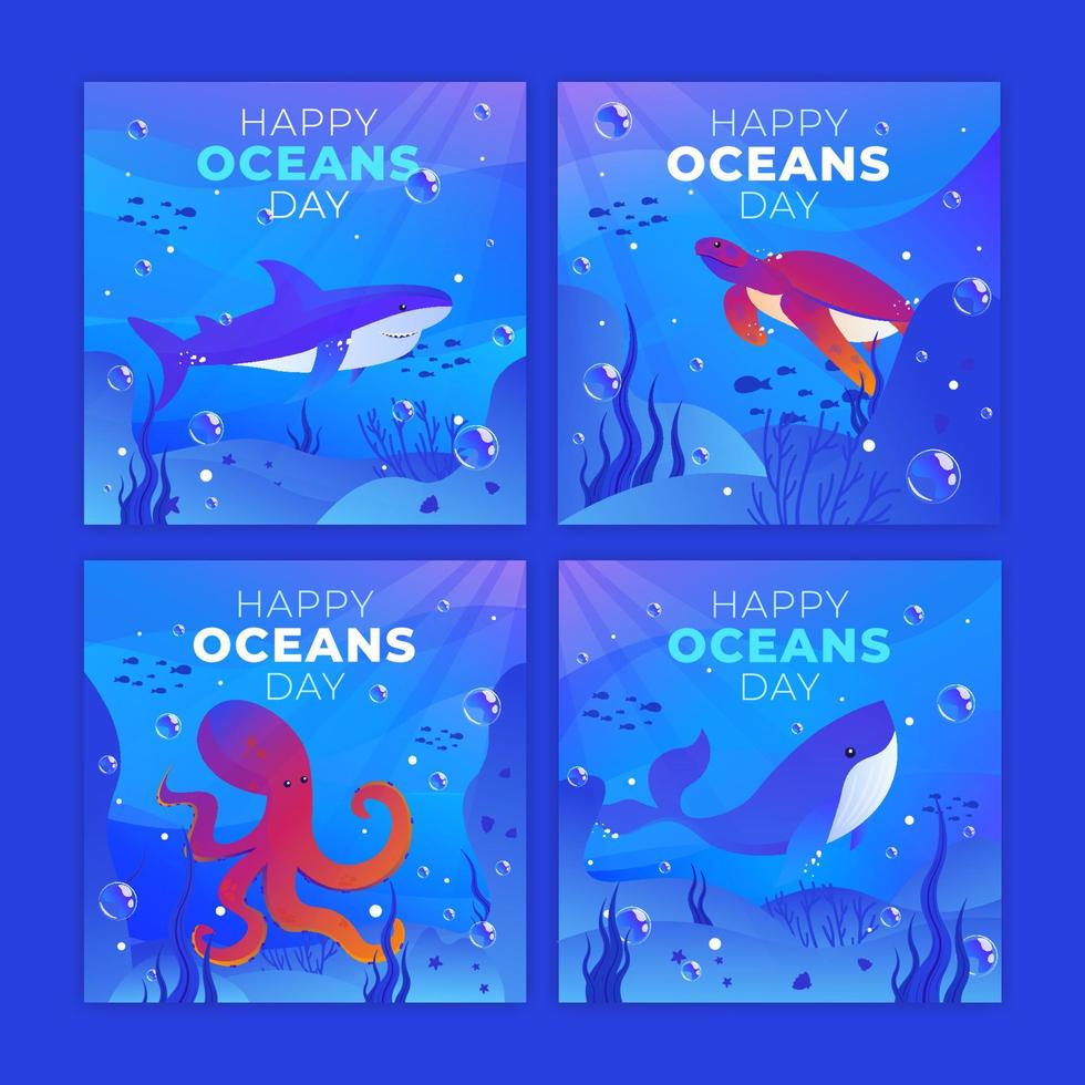 Set of world oceans day background with blue underwater ocean, shinny light coral, sea plants, shark, turtle, octopus and whale. vector