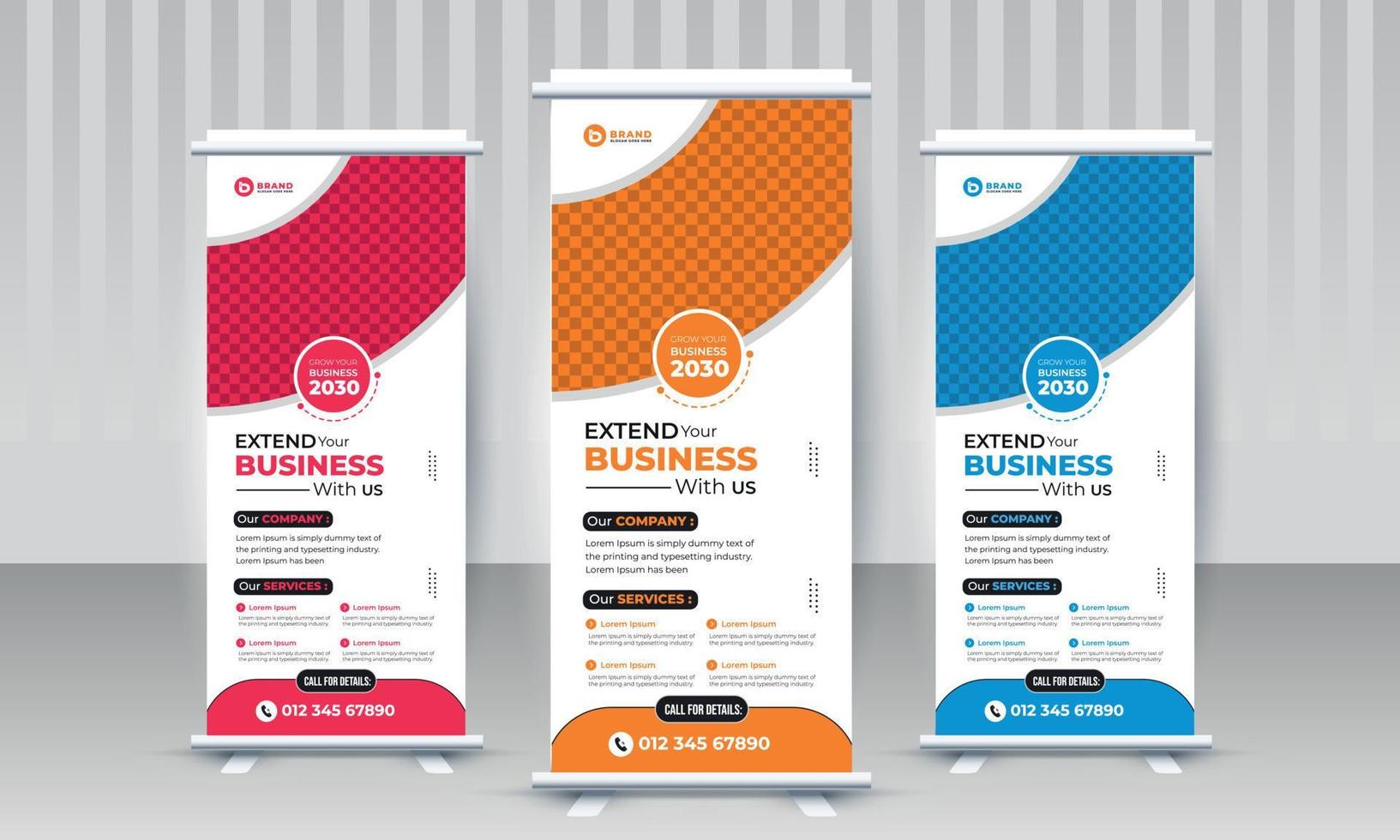 Creative trendy corporate business standee x rollup banner design with three color concept red orange blue vector template