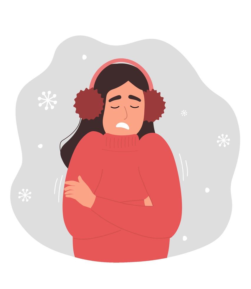A girl in warm clothes can't keep warm in winter. A young woman shivers from the cold, hugs herself. Vector graphics.