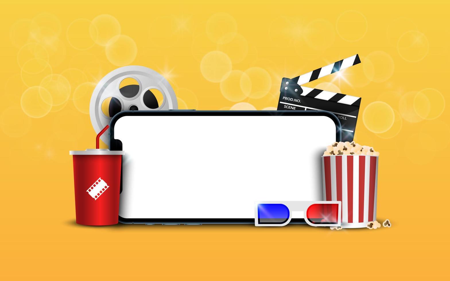 Blank smartphone with popcorn, film strip, clapperboard on yellow background, online streaming movie concept, vector iluustration