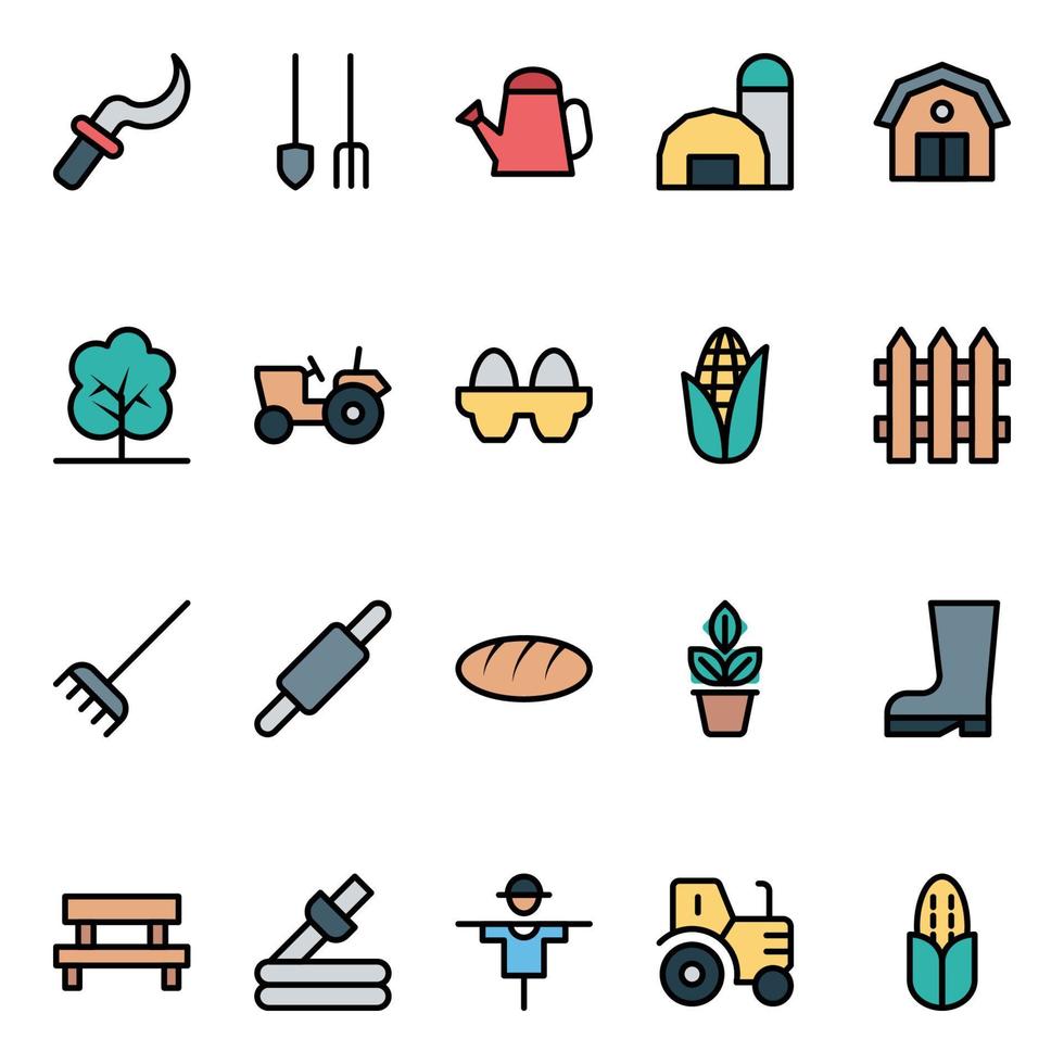 Filled color outline icons for agriculture farming and gardening. vector