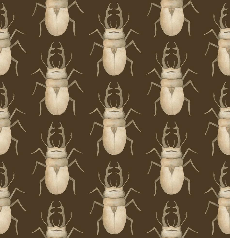 BROWN VECTOR SEAMLESS PATTERN WITH WATERCOLOR RHINOCEROS BEETLES