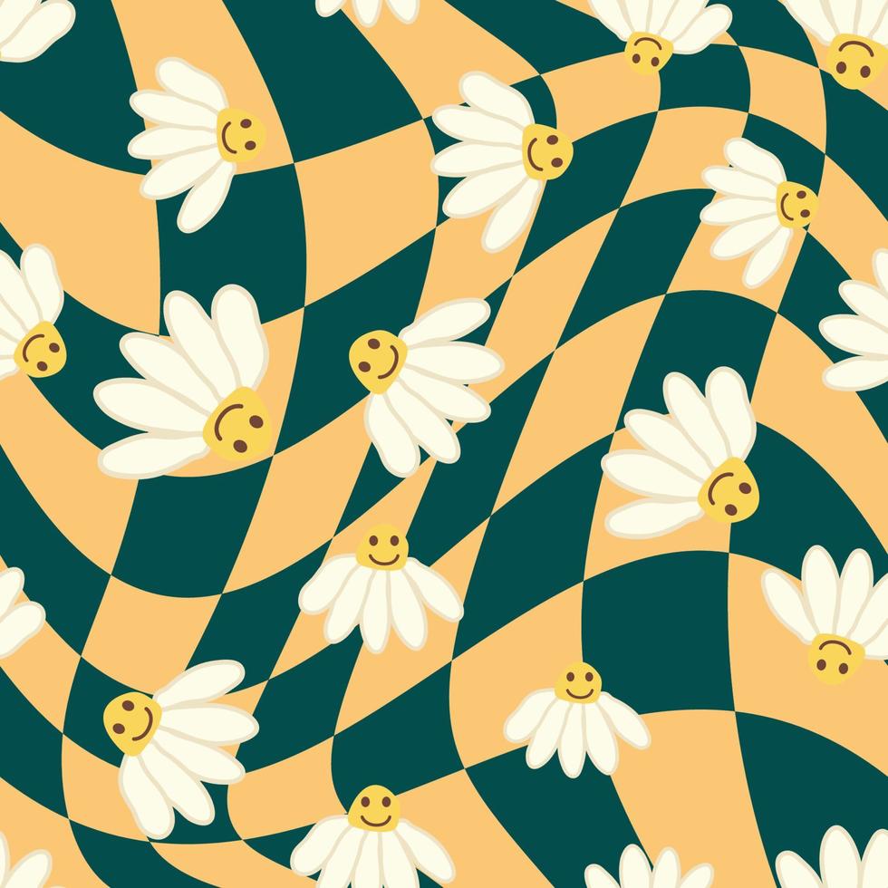 Retro Smile Chamomile Seamless Pattern on 1970 Wavy Swirl Seamless Pattern. Hippie Aesthetic. vector