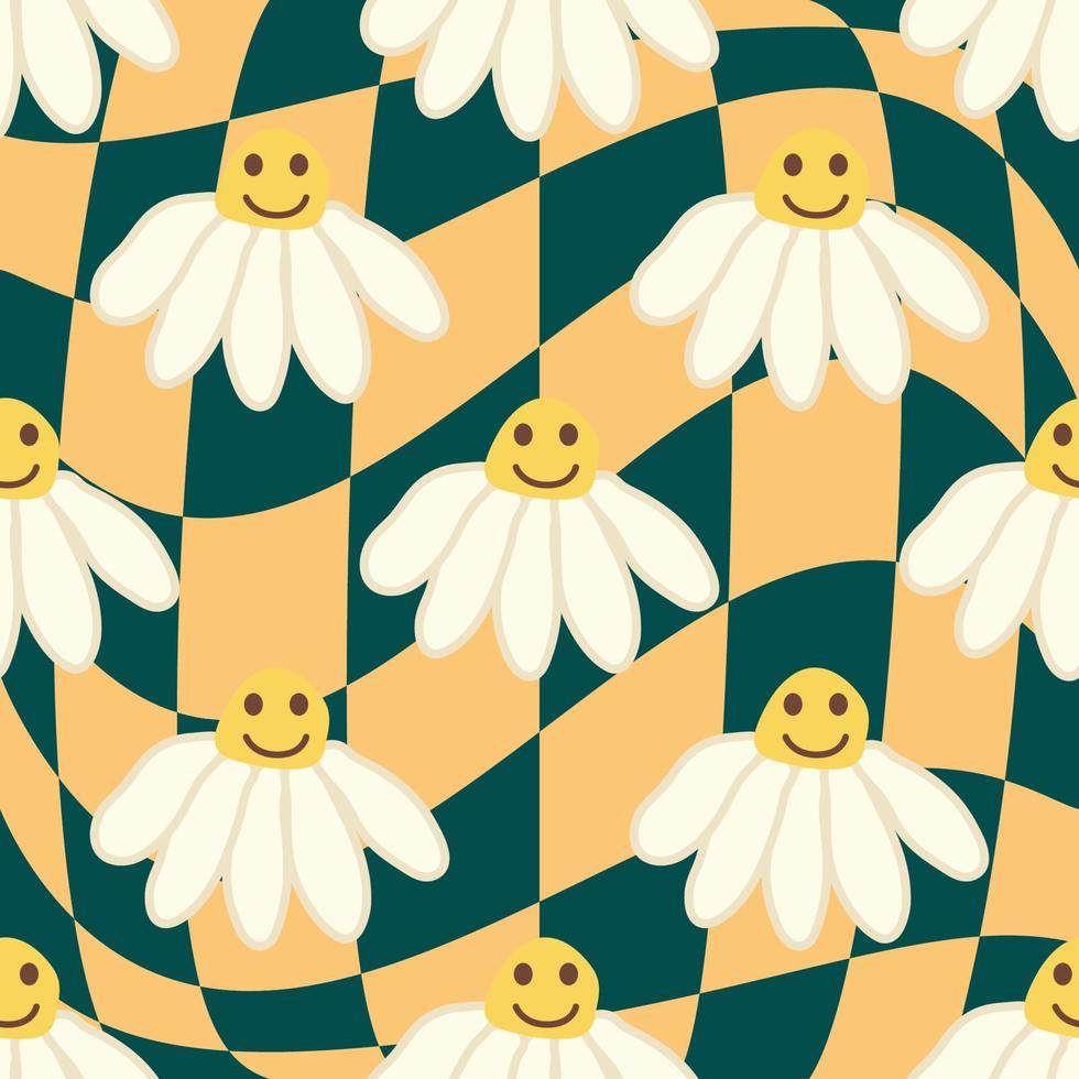 Retro Smile Chamomile Seamless Pattern on 1970 Wavy Swirl Seamless Pattern. Hippie Aesthetic. vector