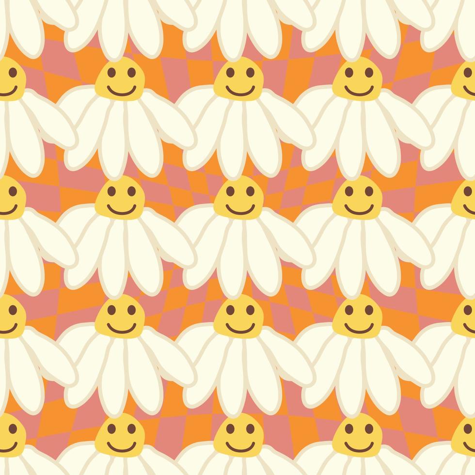 Retro Smile Chamomile Seamless Pattern on 1970 Wavy Swirl Seamless Pattern. Hippie Aesthetic. vector