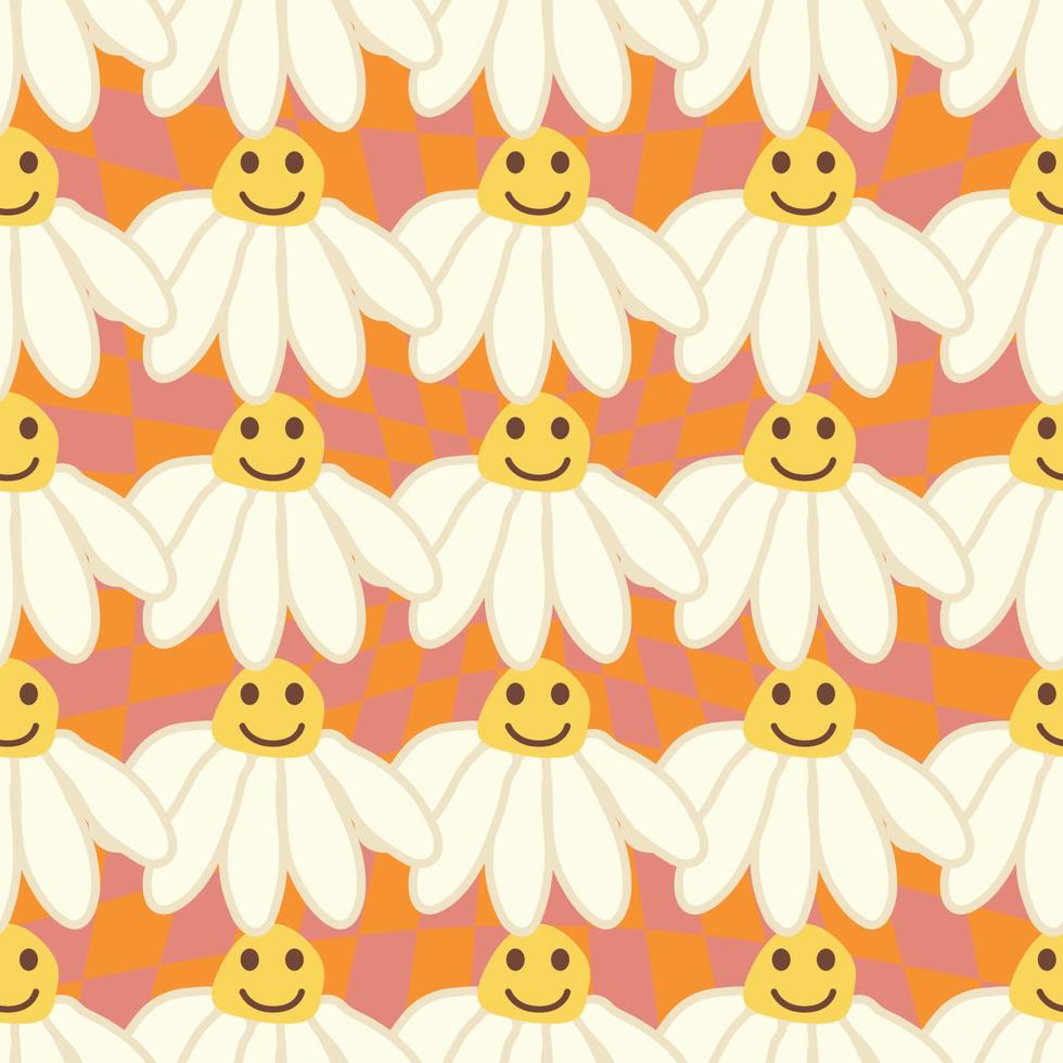 Retro Smile Chamomile Seamless Pattern on 1970 Wavy Swirl Seamless Pattern. Hippie Aesthetic. vector