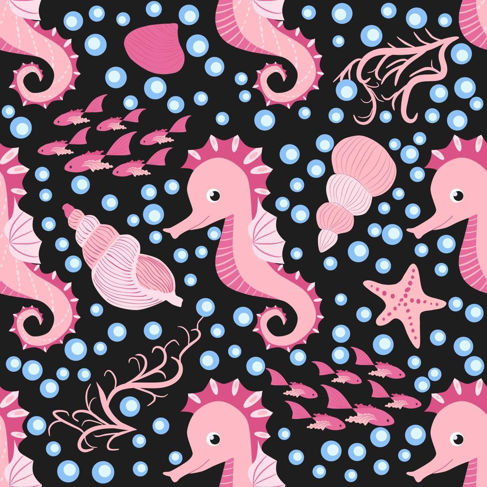 Seahorse and starfish seamless pattern. Sea life summer background. Cute sea life. Design for fabric and decor vector