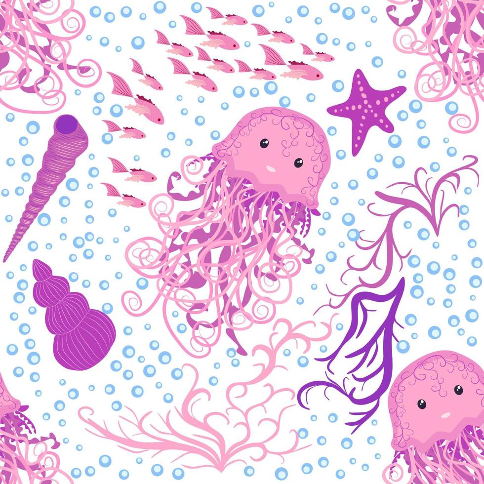 Seamless pattern with detailed transparent jellyfish. Childish seamless pattern with cute hand drawn fishes and jellyfishes in doodle style. Trendy nursery background vector